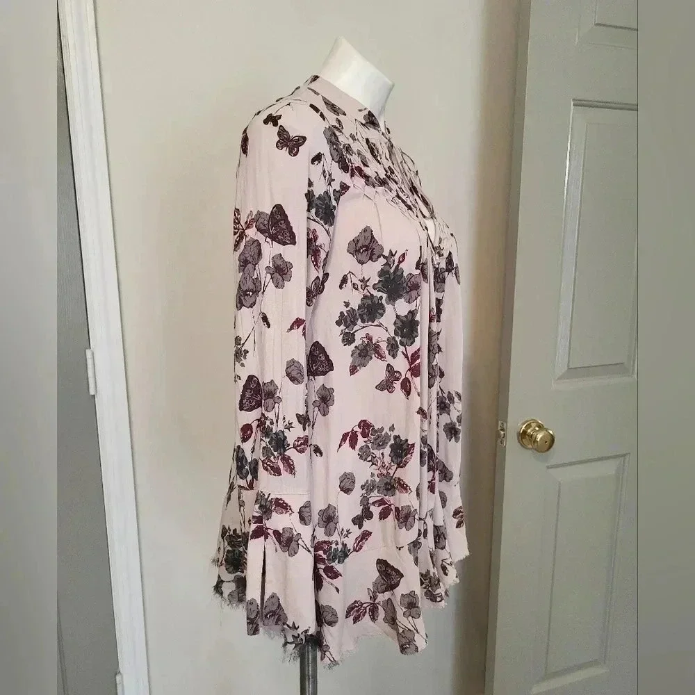 Free People Pebble Crepe Smocked Tunic Flowy Boho Chic Floral Blouse(XS)
